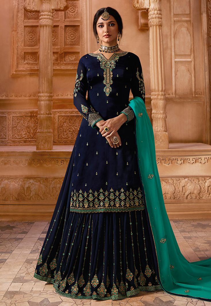 Formal Sharara Set - Navy Blue